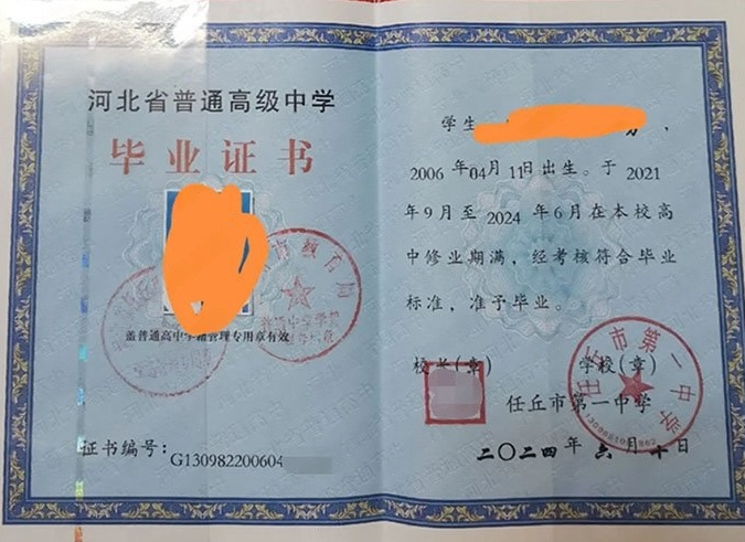 四川任丘市第一中学高中毕业证样本图片